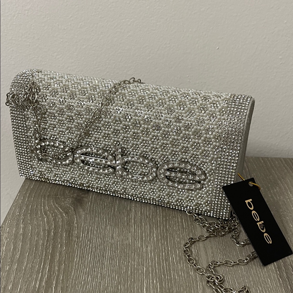 Bebe Sparkling Silver Clutch with Chain
